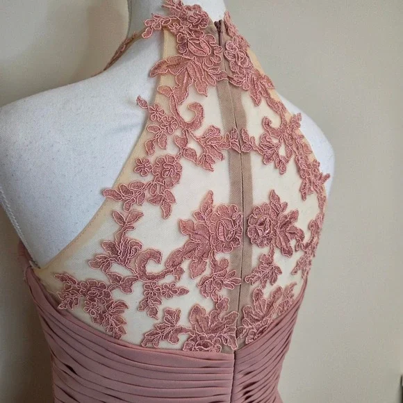 JJ's House Dusty Rose Chiffon Lace Halter Neck Formal Evening Gown Dress - Picture 6 of 9